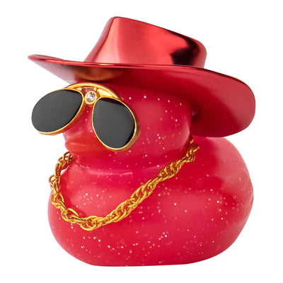 wonuu Pato de Goma para Coche, Decoraciones para Salpicadero, Pato Vaquero Láser de Colores para Accesorios de Coche, Patos con Sombrero, Collar, Gafas de Diamante (Rojo Jalea)