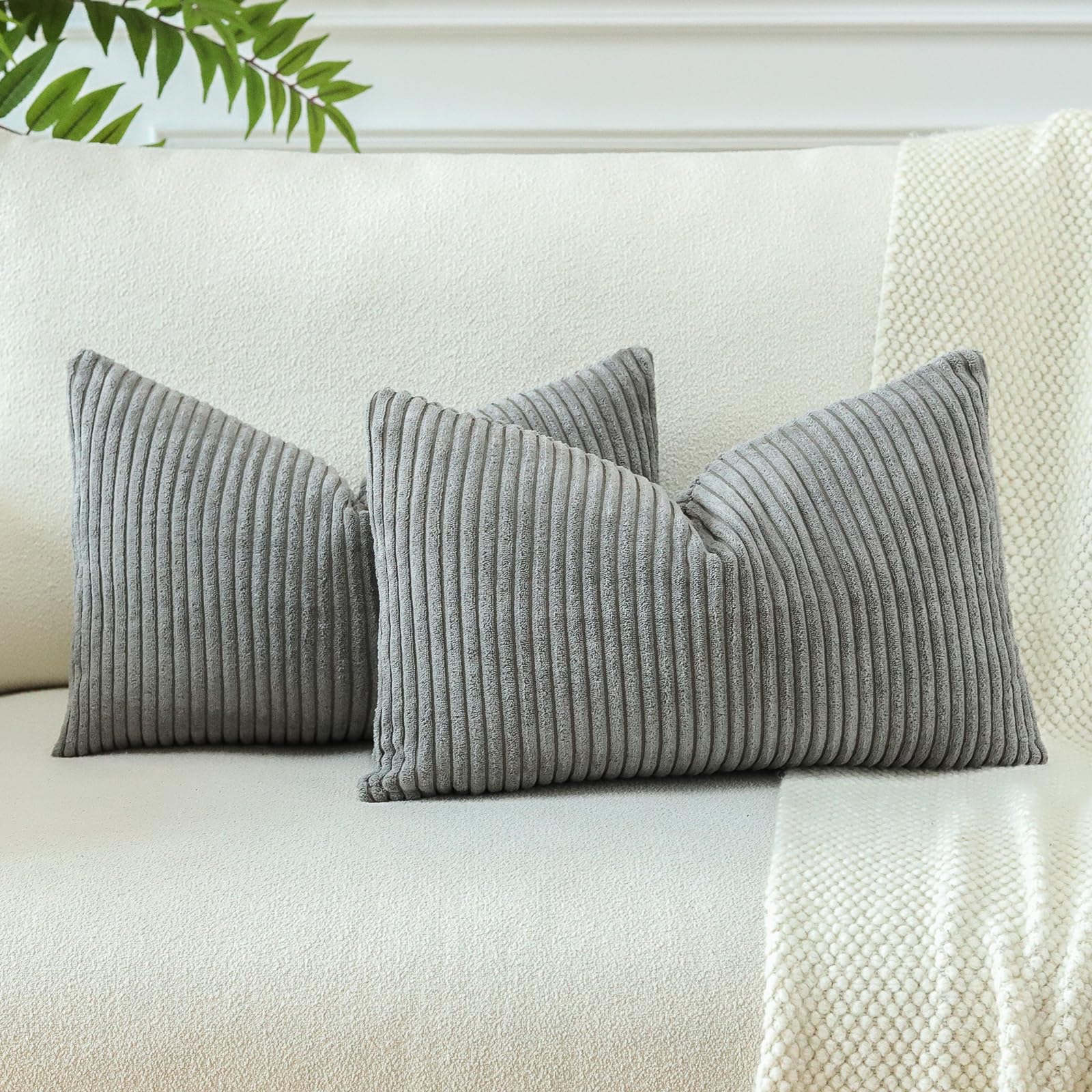 OTOSTAR Boho Decorative Throw Pillow Covers 16 x 24 Inch Soft Corduroy Solid Striped Pillow Covers Lumbar Cushion Case Couch Pillowcases for Sofa Bed Home Decor Pack of 2 (Grey)