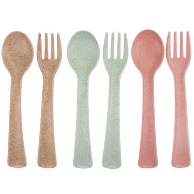 Ensemble d'ustensiles fourchettes et cuillères pour tout-petits, couverts pour bébé, ensemble de fourchettes et cuillères pour enfants 6 pièces en paille de blé naturelle, couverts d'apprentissage pour bébé de 12 à 48 mois, lavables au lave-vaisselle