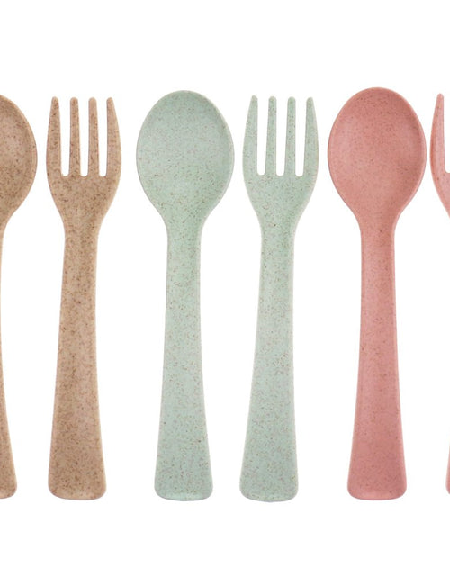 Charger l'image dans la visionneuse de galerie, Ensemble d'ustensiles fourchettes et cuillères pour tout-petits, couverts pour bébé, ensemble de fourchettes et cuillères pour enfants 6 pièces en paille de blé naturelle, couverts d'apprentissage pour bébé de 12 à 48 mois, lavables au lave-vaisselle
