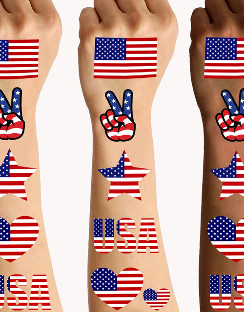 Load image into Gallery viewer, 102 PCS American Flag Temporary Tattoos 6 Sheets July 4 Temporary Tattoos USA Flag Tattoos USA Tattoos Red White and Blue Party Supplies USA Flag for 4th of July Memorial Day Labor Day
