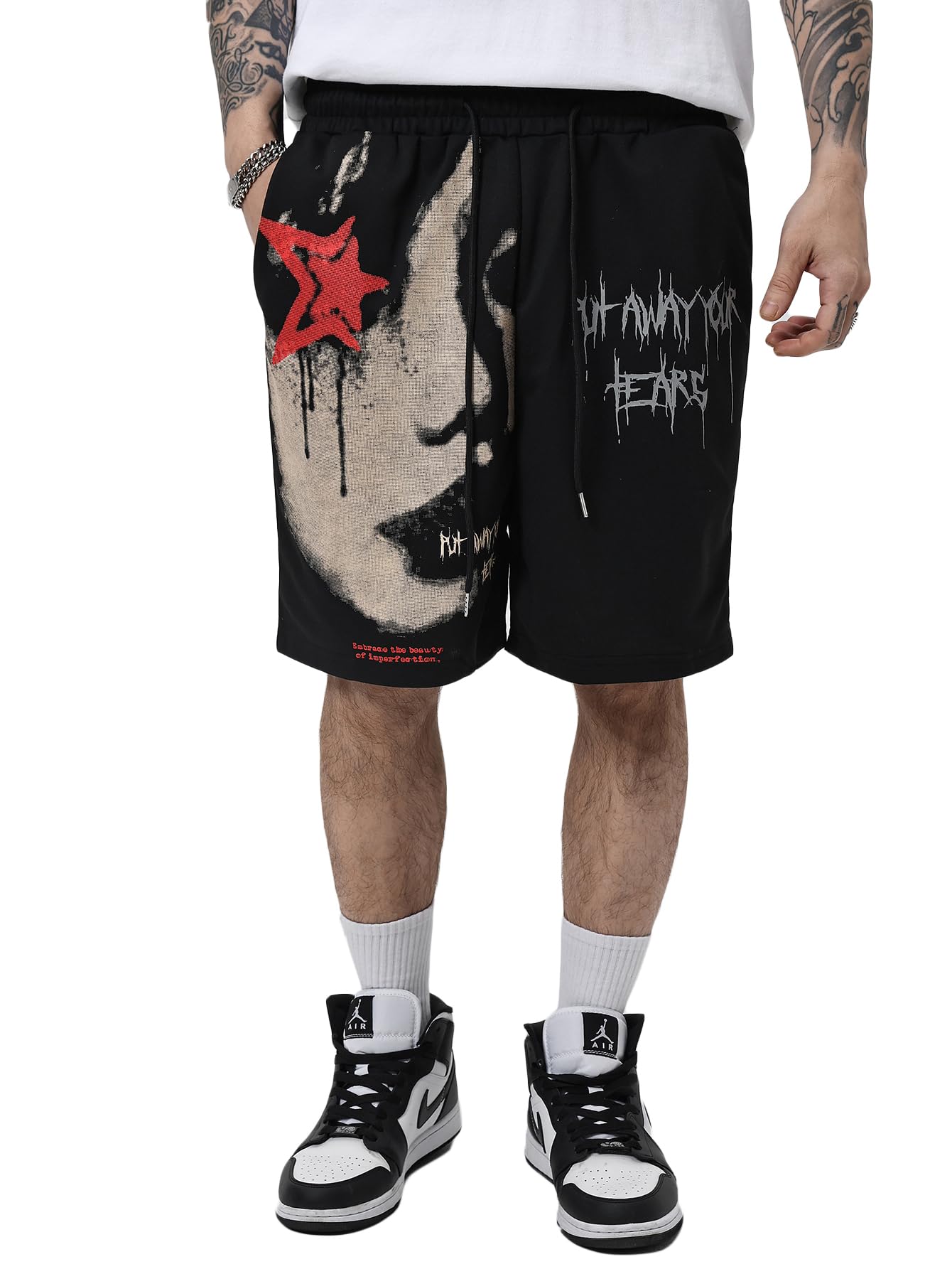 SOLY HUX Mens Graphic Shorts Casual Summer Drawstring Elastic Waist Shorts with Pockets Y2K Streetwear Black Graphic XL