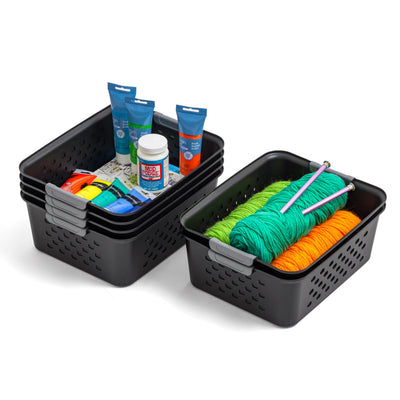 IRIS USA Plastic Storage Basket 6-Pack Medium Shelf Basket Storage Organizer for Pantry Cabinet Bedroom Closet Laundry Room Black