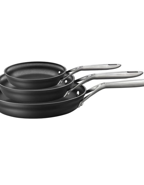 Cargar imagen en el visor de la galería, ZWILLING J.A. Henckels Motion Hard Anodized 3-pc Aluminum Nonstick Fry Pan Set 8" fry pan 10" fry pan &amp; 12" fry pan Easy Cleanup Black
