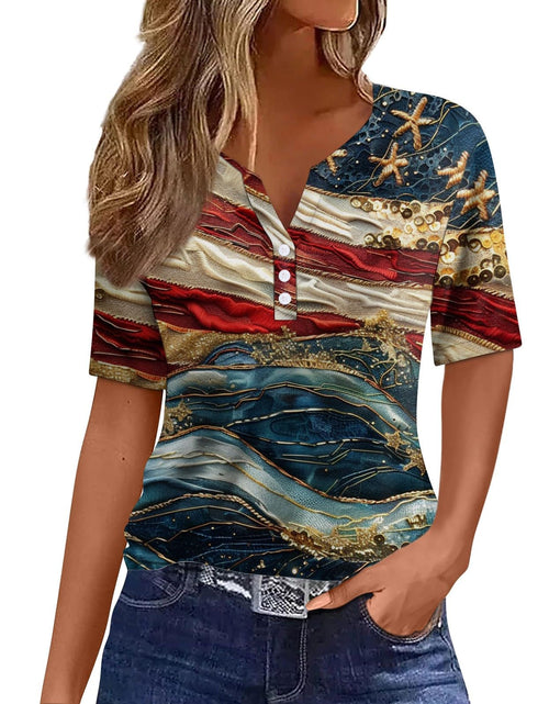 Cargar imagen en el visor de la galería, Camisetas genéricas del 4 de julio, blusas de verano para mujer, camisetas divertidas del 4 de julio, blusas elegantes informales, oferta del Día de los Caídos, cuello en V, manga corta, camisetas del 4 de julio para mujer (Azul marino - Pequeño)
