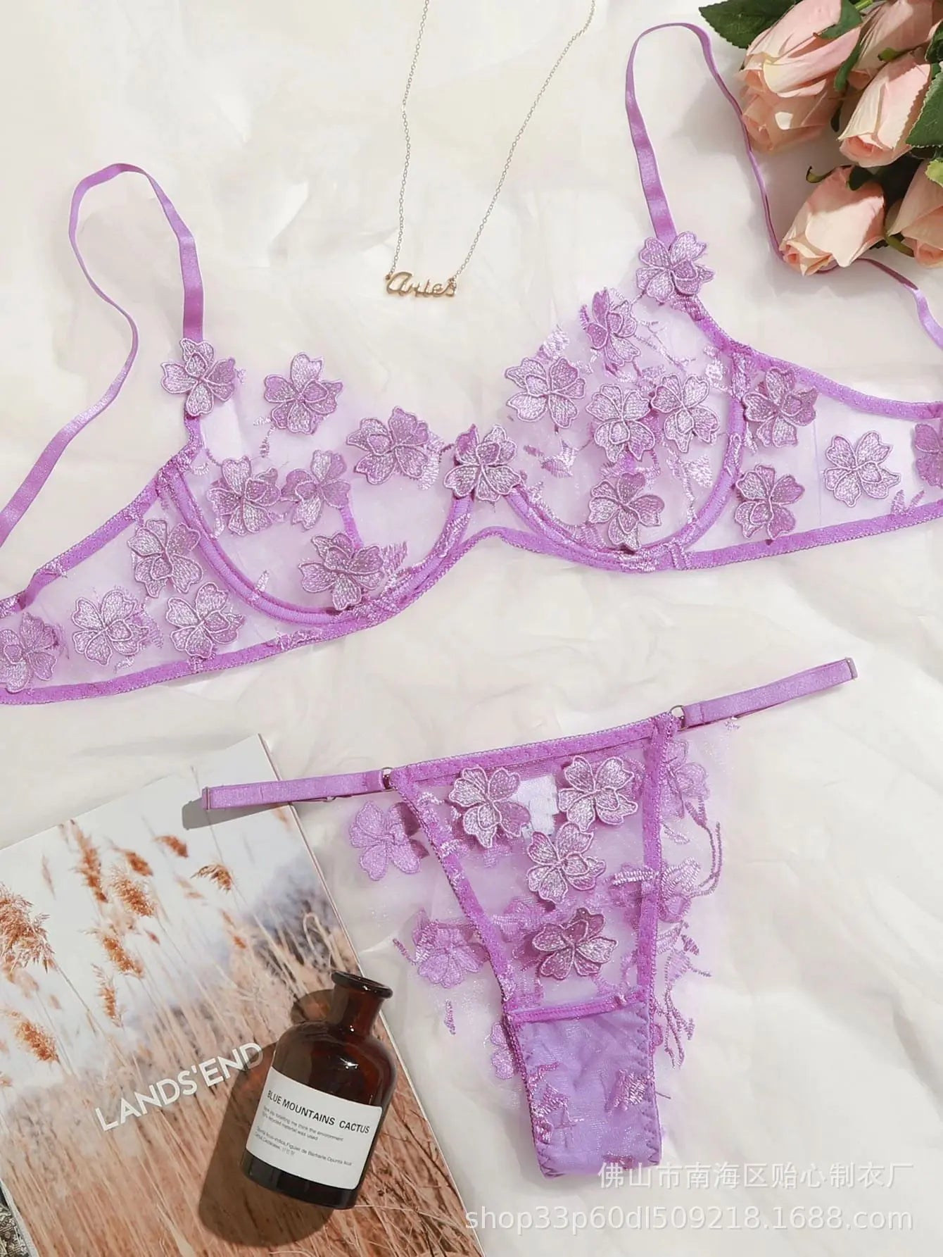 Ensemble de lingerie florale brodée en dentelle pour femme