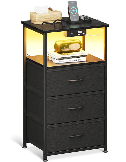 Cargar imagen en el visor de la galería, Casaottima Night Stand with Charging Station End Table for Bedroom Small Nightstand with Fabric Drawers Tall Nightstand for Bedroom Bedside Table Black
