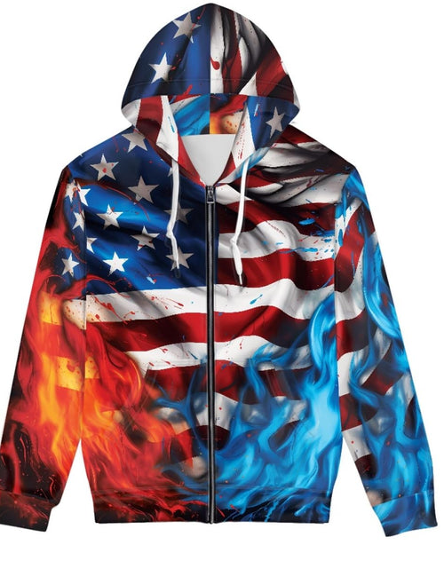Load image into Gallery viewer, ENLACHIC Unisex 3D Novelty Zip up Hoodie Cool Ice Fire American Flag Print Graphic Hoodies Pullover Hooded SweatshirtsXS
