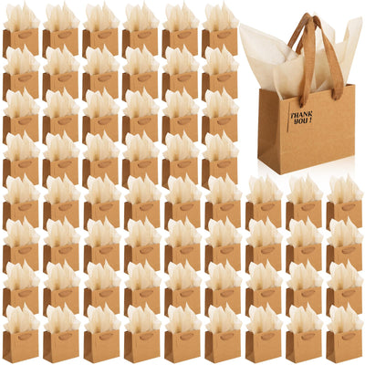 Qilery 50 Mini sacs cadeaux en papier Saint-Valentin en vrac avec papier de soie 4,7 x 2,4 x 3,9 petits sacs cadeaux en papier avec poignée étiquettes cadeaux pour anniversaire mariage fête cadeau d'affaires (marron)