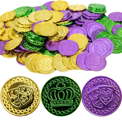 GiftExpress 144PC Mardi Gras Plastic Coins Assorted Metallic Gold Green Purple Mardi Gras Coins Bulk for Mardi Gras Parade Party Favors