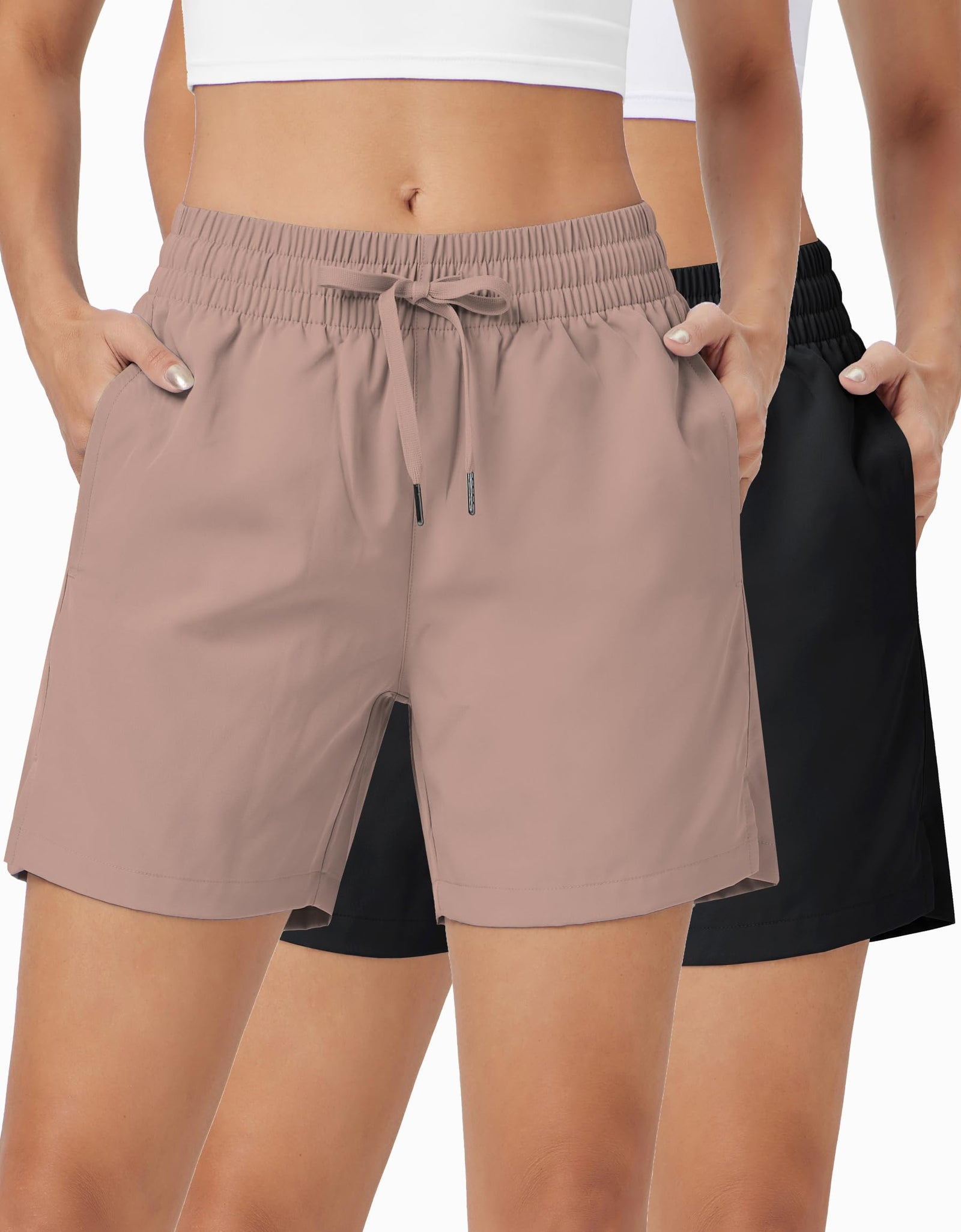ZUTY 2 Pack 5" Womens Athletic Shorts Basic Running Shorts Lightweight Quick Dry Gym Workout Shorts with Pockets Black-Light Brown M