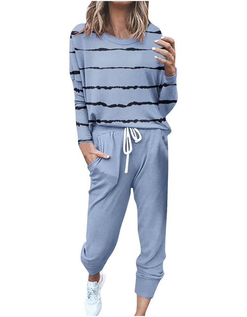 Load image into Gallery viewer, Lastesso Lounge Set Track Suits for Women Set Casual Long Sleeve Loose Fit Stripe Sweatsuits 2 Piece Set Soft Sporty Jogger Sets Sky Blue 2X
