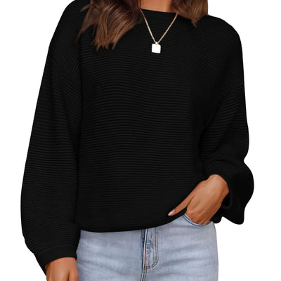 PRETTYGARDEN Suéteres de otoño para mujer 2024 Casual Holgado Cuello redondo Acanalado Manga larga Top de punto Suéter (NegroPequeño)