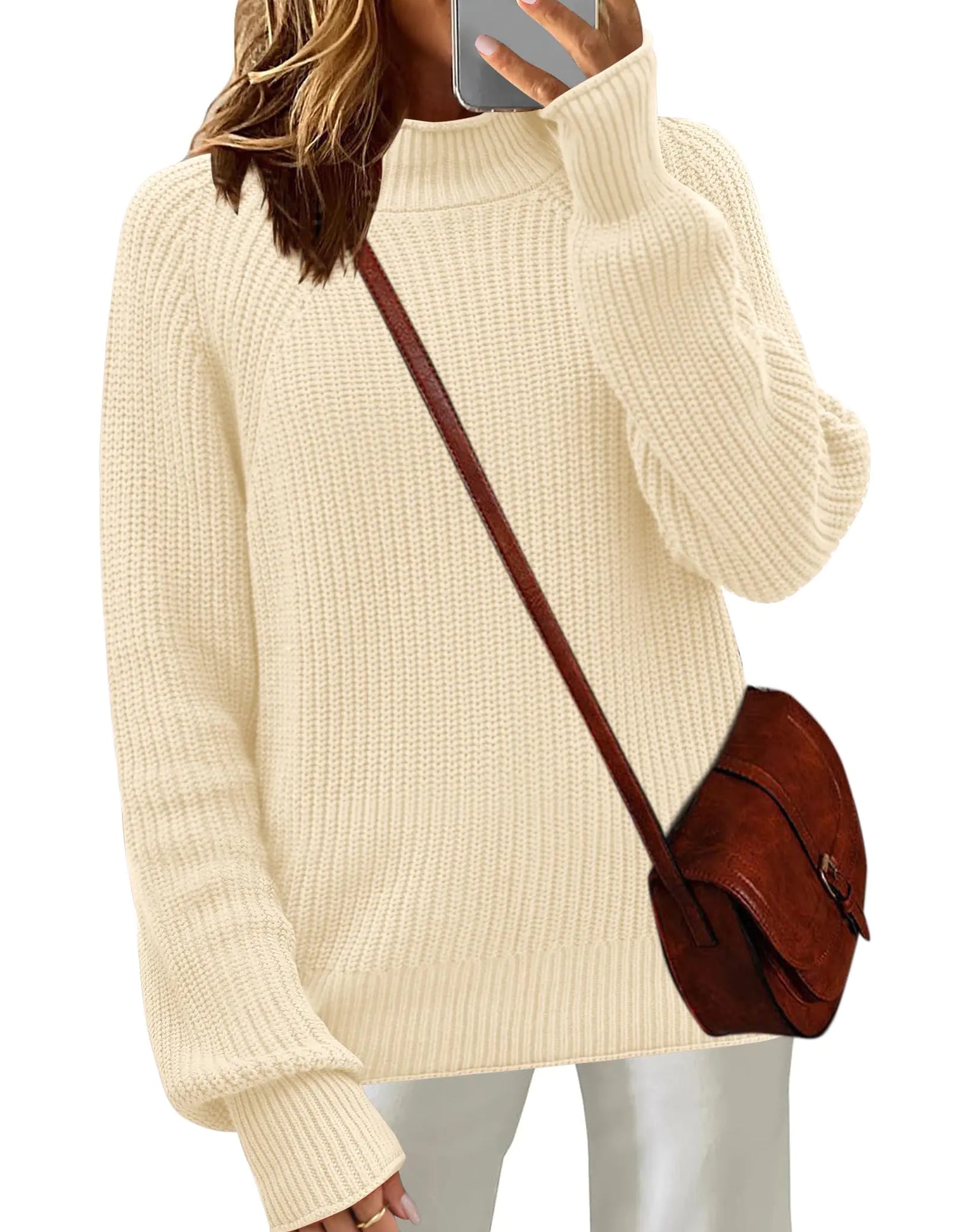 Zeagoo Womens 2025 Fall Turtleneck Sweaters Trendy Loose Long Sleeve Knit Pullover Jumper Tops Beige