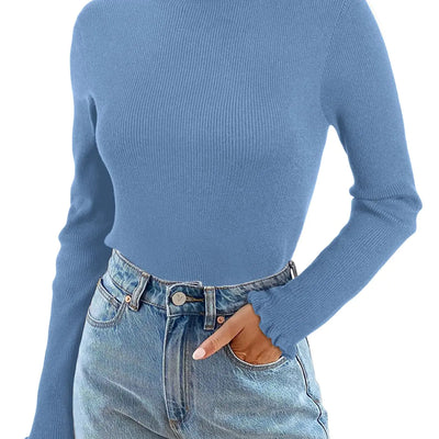 EVALESS Suéteres de otoño para mujer 2024, suéteres casuales de cuello redondo con volantes, manga larga, suéteres de punto acanalado, ajuste delgado, color sólido, blusas básicas, ropa azul, talla S