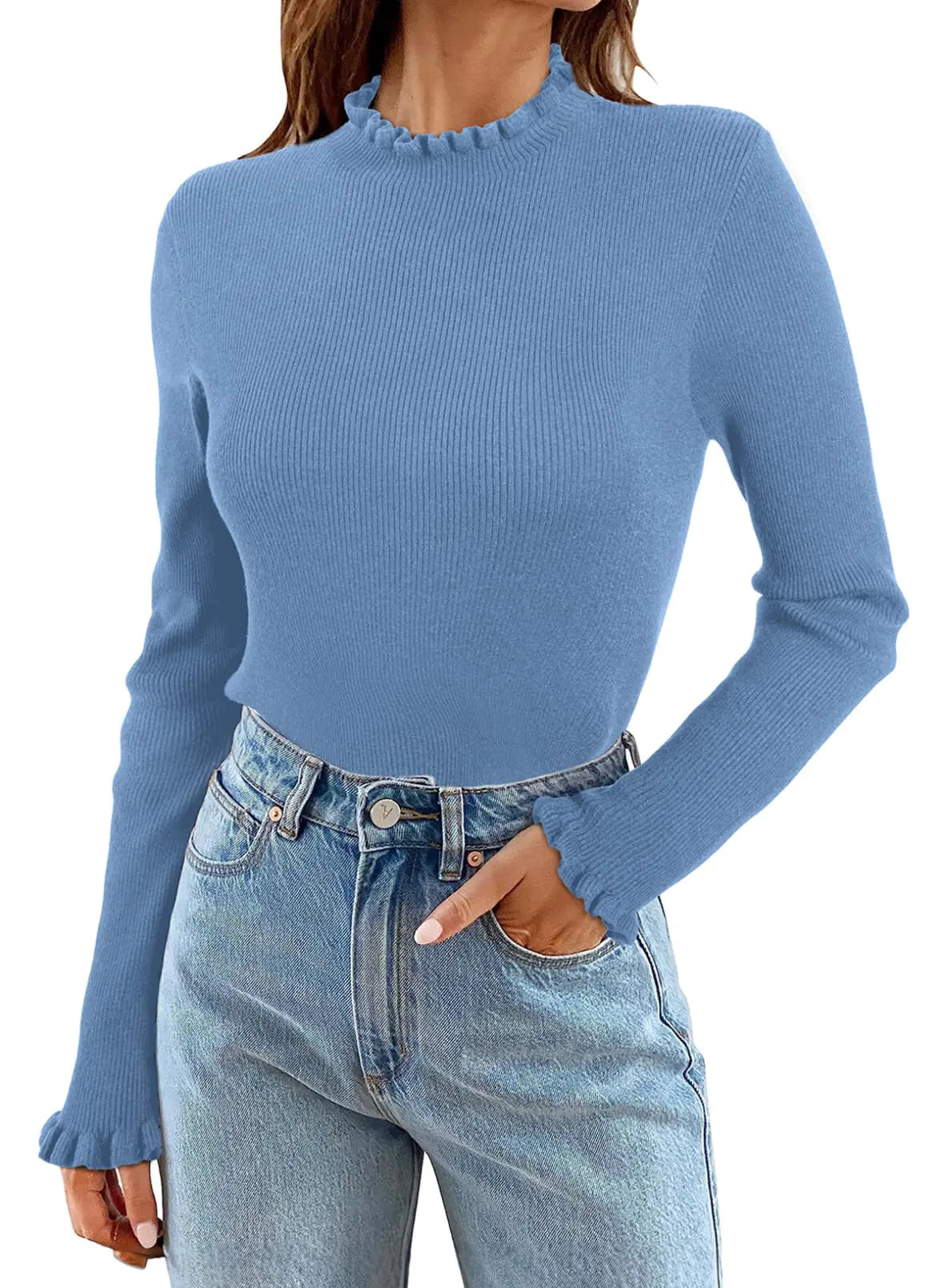 EVALESS Fall Sweaters for Women 2024 Casual Ruffle Crewneck Long Sleeve Pullover Sweaters Cute Ribbed Knit Slim Fit Solid Color Sweater Basic Base Layer Tops Clothes Blue Small