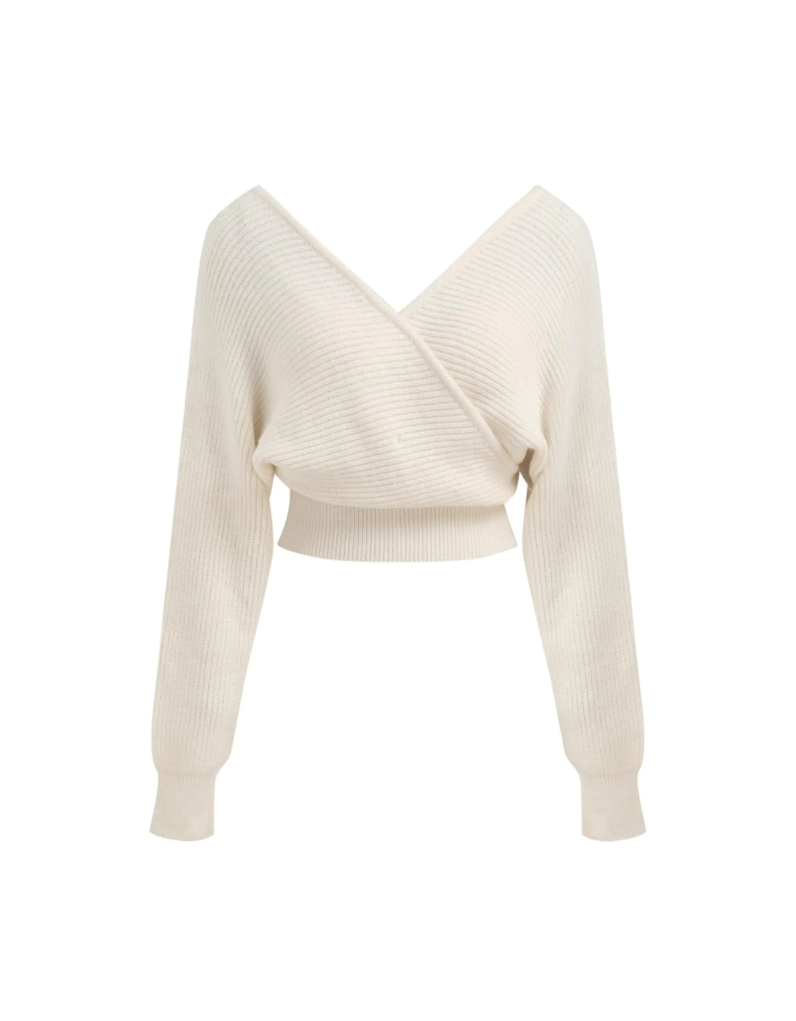 CIDER Cropped Sweaters for Women V Neck Wrap Cross Front Solid Knit Pullover Long Sleeve Tops: Ivory M