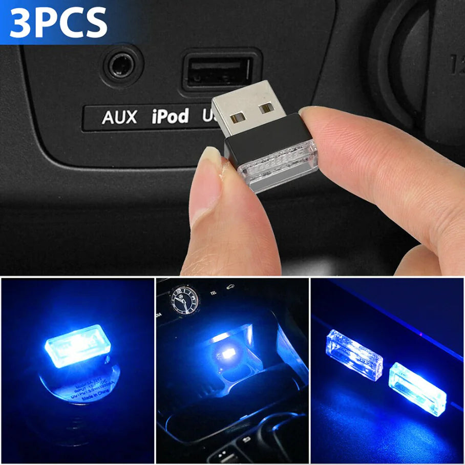 3x Mini Luz LED Azul USB Interior de Coche Lámpara de Ambiente Neón Accesorios