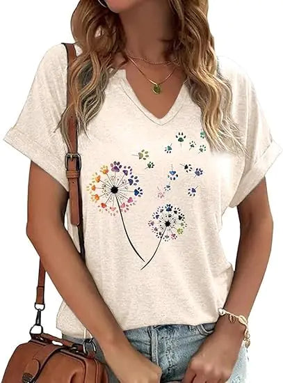 Womens Floral T-Shirts V-Neck Dandelion Sun Flower Graphic Casual Tee Boho Tops Cute Wildflowers Shirts(TRD02OWLarge)