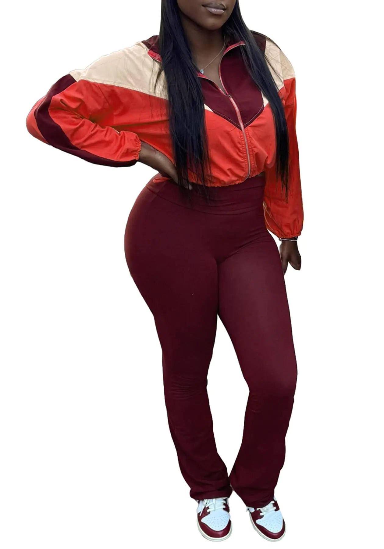 LAJIOJIO Long Sleeve Womens Sweatsuits 2 Piece Set Color Block Zip Up Crop Jacket Flared Leggings Pants Tracksuits