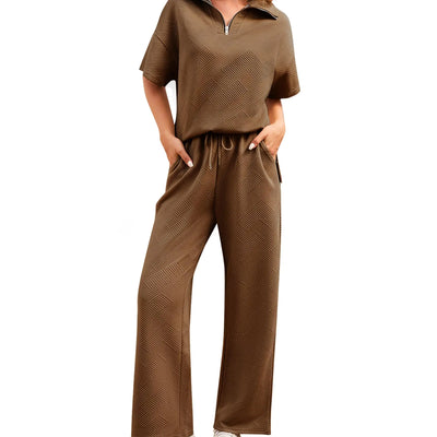 ETOSELL Womens 2 Piece Outfits Textured Lounge Sets Short Sleeve Half Zip Lapel Collar Top and Wide Leg Long Pants Set Sweatsuits Tracksuit