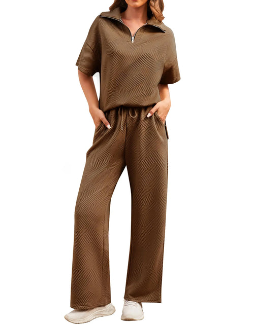 Load image into Gallery viewer, ETOSELL Womens 2 Piece Outfits Textured Lounge Sets Short Sleeve Half Zip Lapel Collar Top and Wide Leg Long Pants Set Sweatsuits Tracksuit
