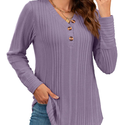 MISFAY Camisas de manga larga para mujer, cuello en V, estilo casual, tipo túnica, suéteres ligeros para leggings (morado claro M)