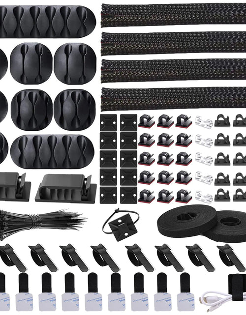 Cargar imagen en el visor de la galería, N NOROCME Kit organizador de cables, 4 fundas para cables divididas con 41 clips autoadhesivos, soporte de 10 piezas y 2 rollos de bridas autoajustables de 100 unidades para TV, oficina, coche, escritorio, hogar, color negro
