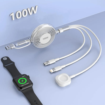 Câble de recharge multi-ports 100W pour chargeur Apple Watch iPhone 15, câble de recharge rétractable avec Type C 100W+IP 27W+chargeur iWatch, chargeur de téléphone rétractable pour iPhone/Apple Watch Series/Samsung/Pad 1,2 m