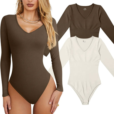 OQQ Body de canalé con cuello en V para mujer en beige café