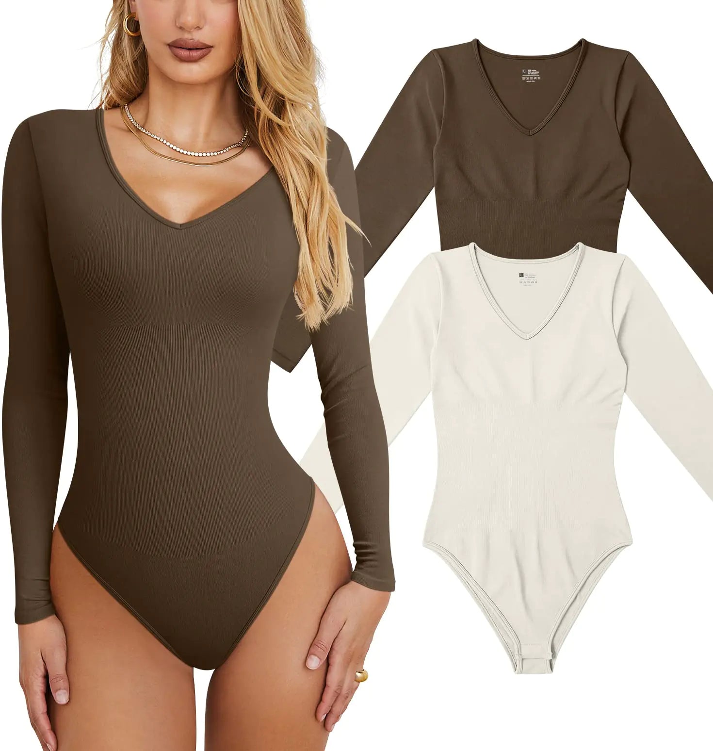 OQQ Body de canalé con cuello en V para mujer en beige café