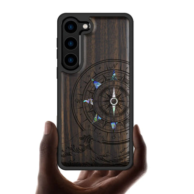 Carveit Designer Wooden Case for Samsung Galaxy S23 Case Cover [Wood Engraving & Shell Inlay] Wood Phone Case Compatible with Wireless Chargers Galaxy S23 Case (Wave Compass-Blackwood)