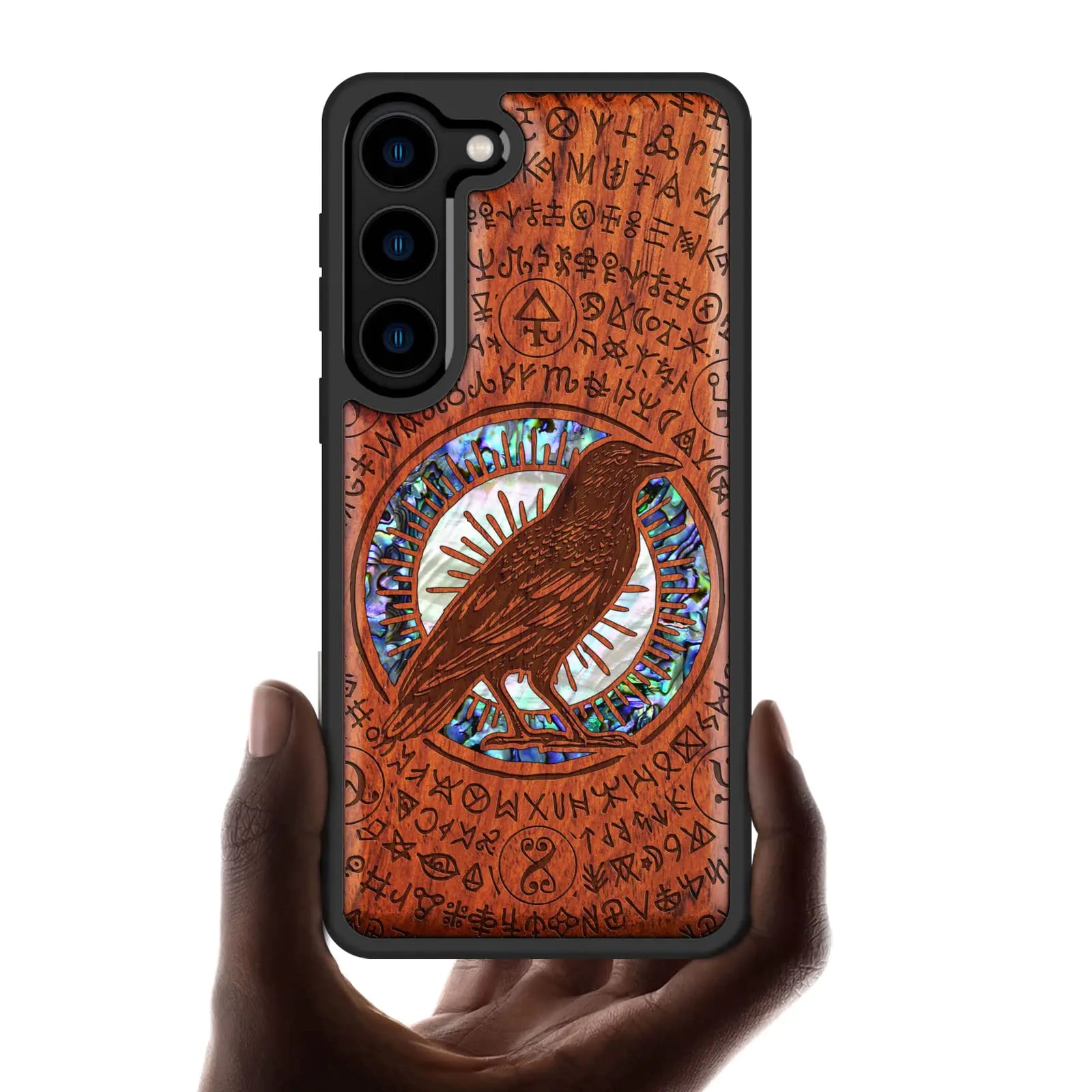 Funda de madera de diseño Carveit para Samsung Galaxy S23 Plus [grabado en madera e incrustaciones de concha] Funda de teléfono de madera única compatible con cargadores inalámbricos Galaxy S23 Plus (Madera roja-Cuervo)