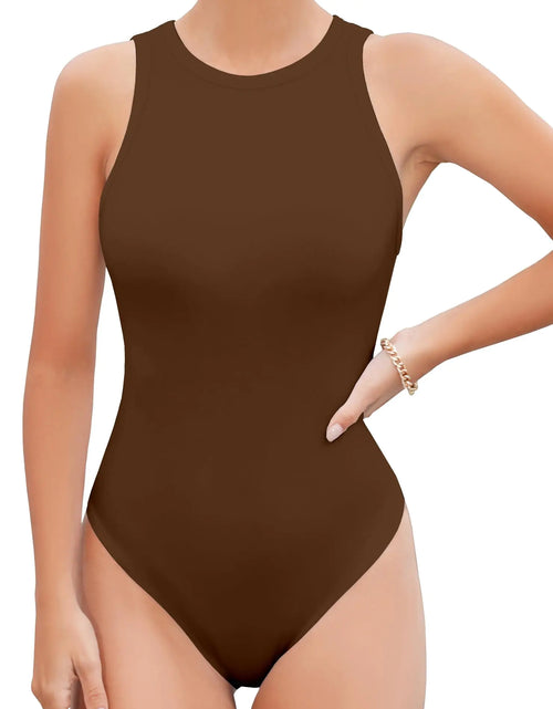 Load image into Gallery viewer, UNTYHOTS Tank Top Bodysuits for Women Crew Neck Racerback High Neck Sleeveless Body suits(2024-Brown-Medium)
