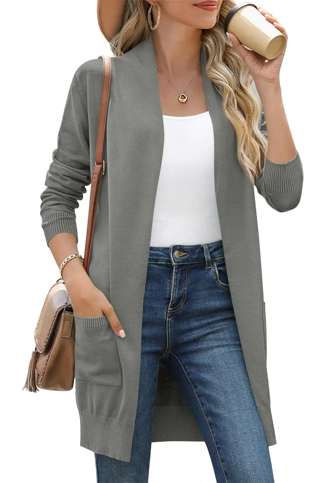 Cárdigan ligero Anymiss para mujer, suéter de punto suave extragrande con bolsillos, gris, talla pequeña