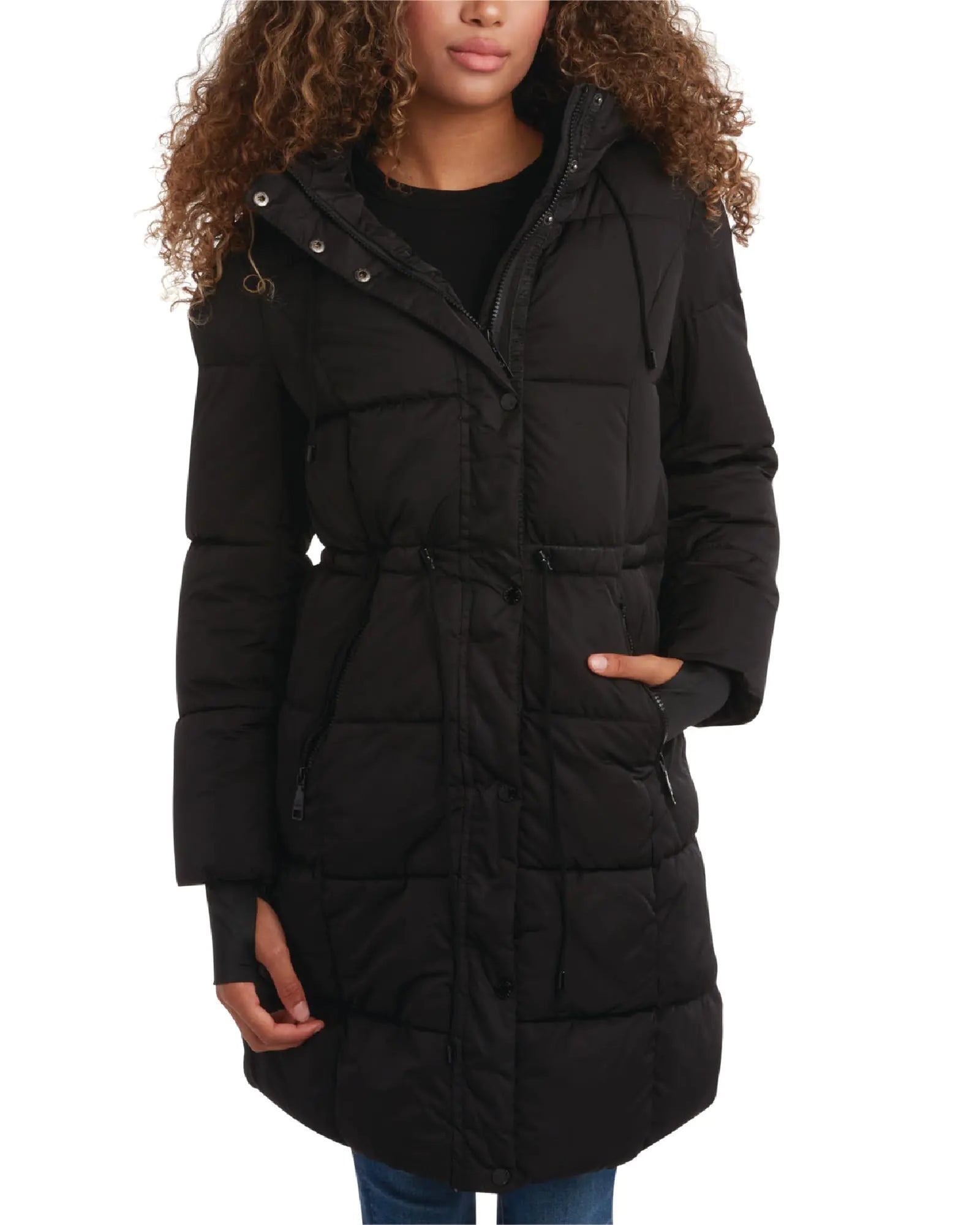 Steve Maden Womens Jacket - Cozy Hooded Long Puffer Jacket for Women with Waist Drawstrings - Warm Womens Down Jacket S-XL Size X-Large Black