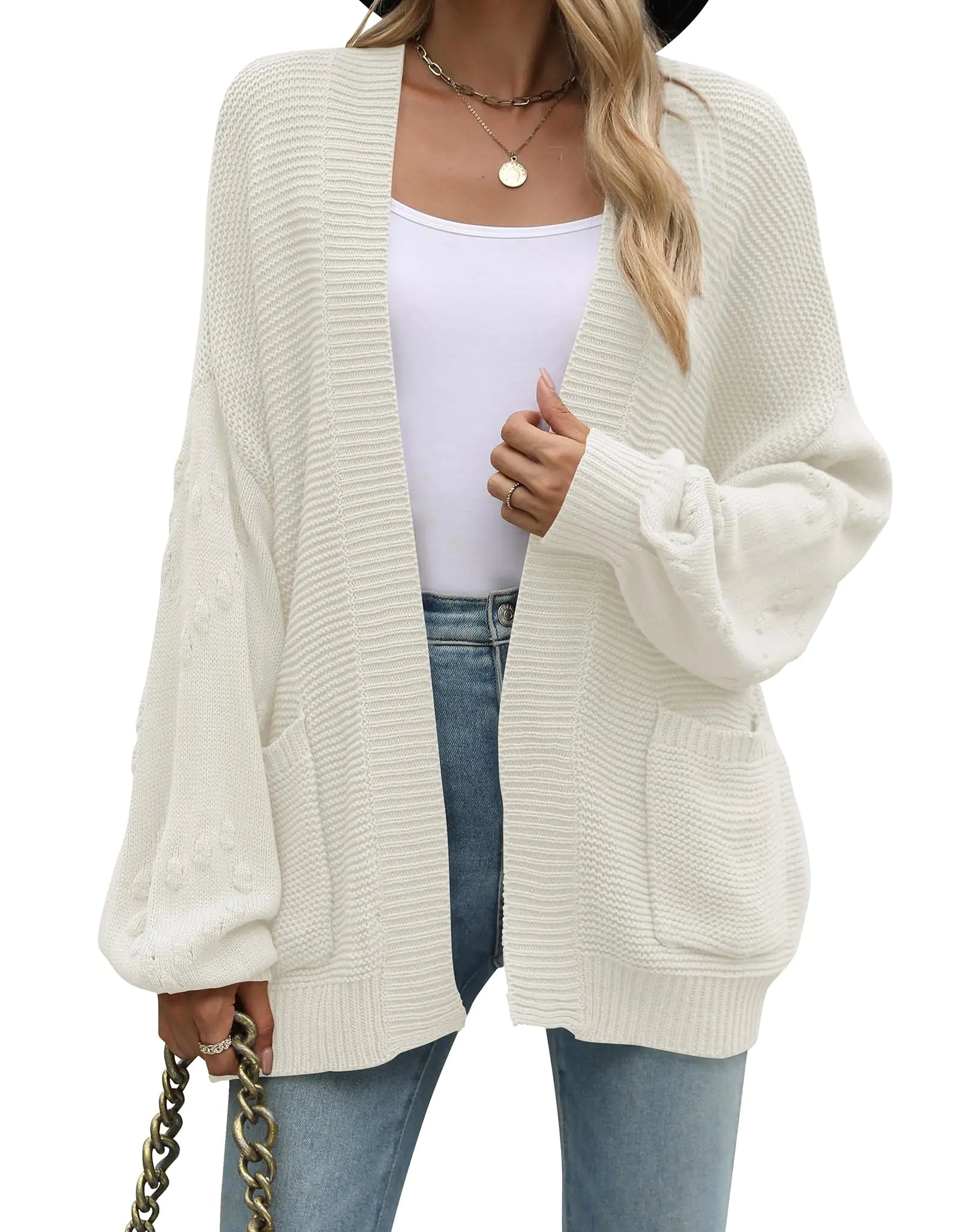 Cakulo Womens 2024 Oversized Chunky Cardigan Sweaters Fall Fashion Open Front Knit Long Sleeve Pockets Cardigans White M