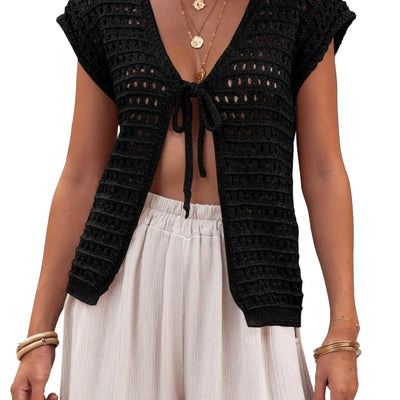 Saodimallsu Womens Tie Crochet Shrug Short Sleeve Open Front Lightweight Knit Cropped Cardigan Sweaters Cover Up Black