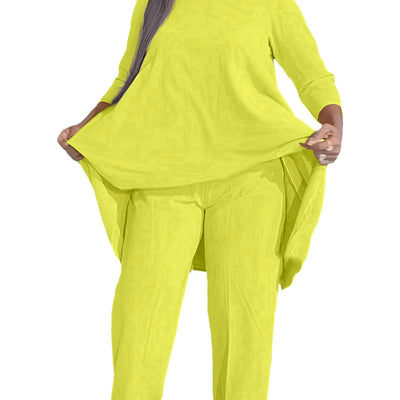 ANICECUT Plus Size 2 Piece Sets for Curvy Women Sexy Fall Long Sleeve Tops Wide Leg Casual Pants Sets Sweatsuits Light Yellow 3XL