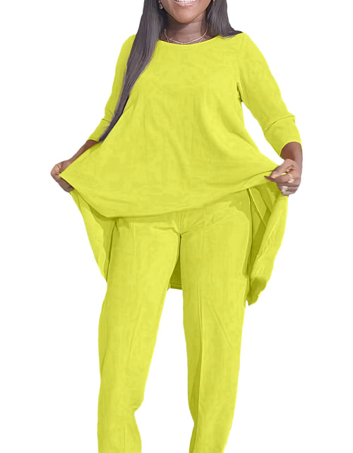 Load image into Gallery viewer, ANICECUT Plus Size 2 Piece Sets for Curvy Women Sexy Fall Long Sleeve Tops Wide Leg Casual Pants Sets Sweatsuits Light Yellow 3XL

