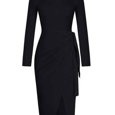 Tie Waist Dress Women Long Sleeve Wrap Casual Work Dresses Fall Bodycon Split Midi Dresses Black M