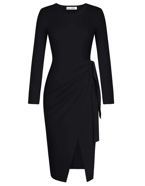 Load image into Gallery viewer, Tie Waist Dress Women Long Sleeve Wrap Casual Work Dresses Fall Bodycon Split Midi Dresses Black M
