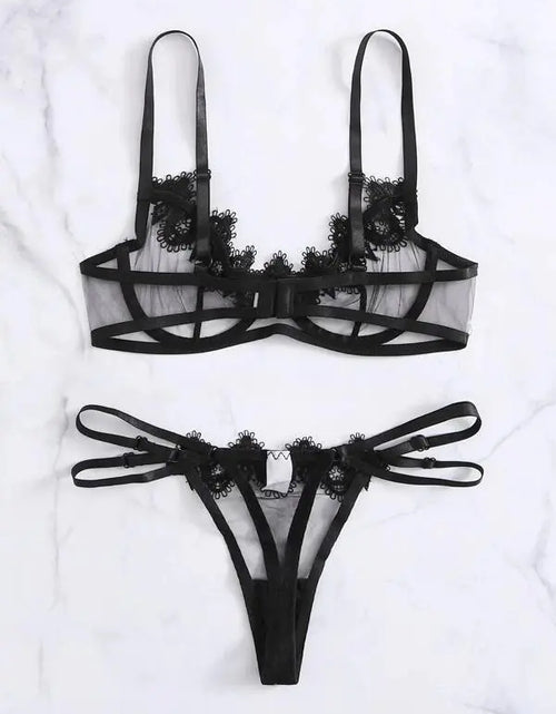 Cargar imagen en el visor de la galería, Conjunto de lencería de encaje floral con aros para mujer
