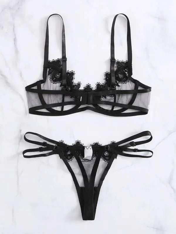 Conjunto de lencería de encaje floral con aros para mujer