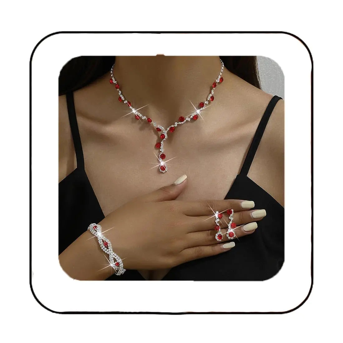 Conjuntos de Joyas para Novia de Unicra, Conjunto de Collar, Pulsera y Pendientes de Cristal para Novia, Conjunto de Joyas Plateadas para Fiesta de Graduación, Collar Gargantilla de Diamantes de Imitación para Mujeres y Novias (D-Plateado - Rojo)