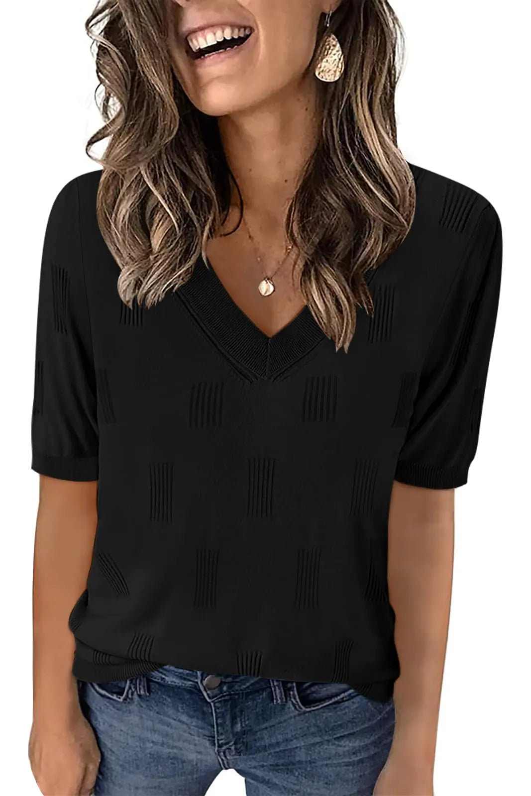 Yincro Womens Short Sleeve Sweaters Fall Summer Tops V Neck Lightweight Knit Pullovers(Black S)