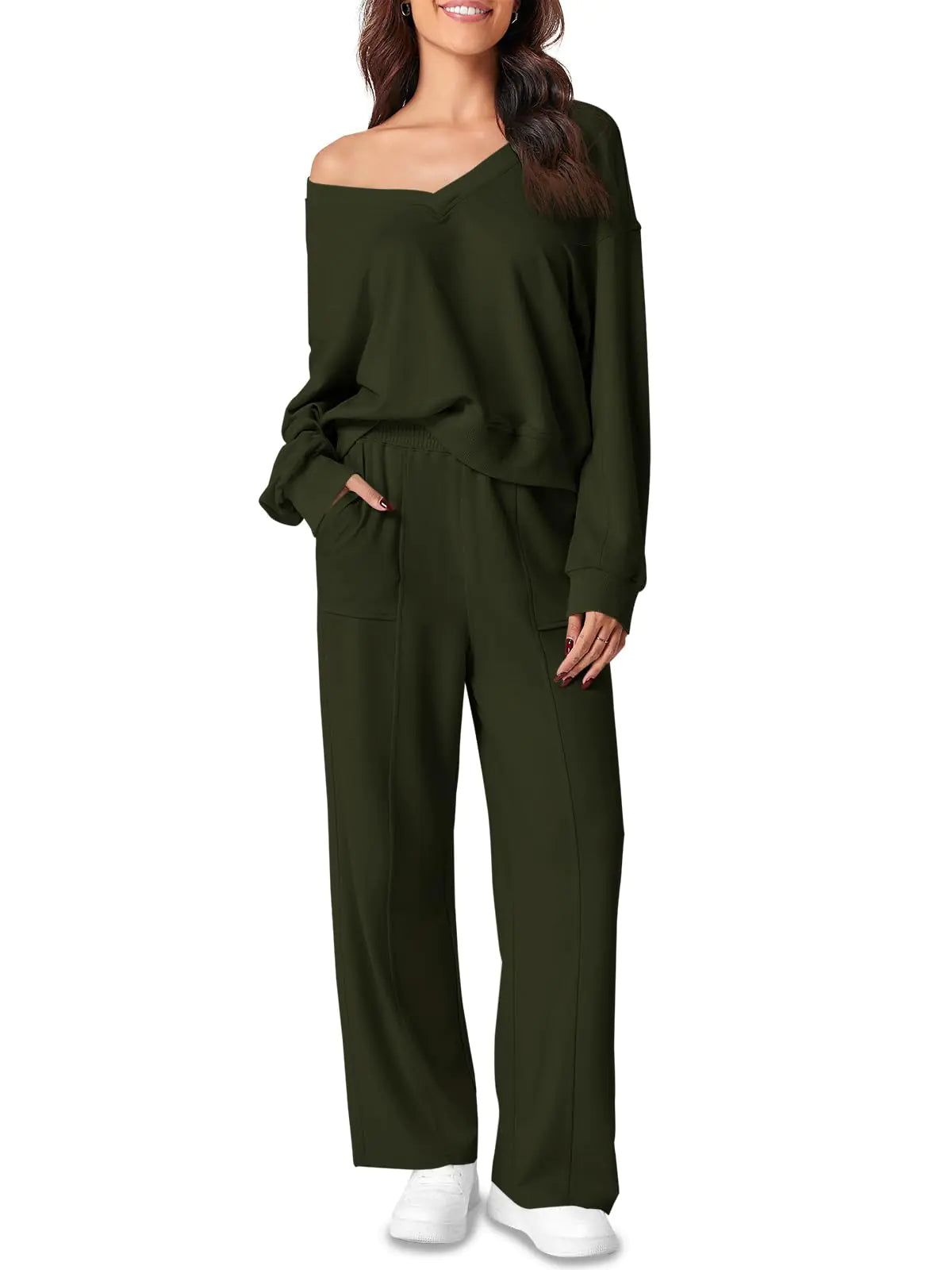 Fiosew Womens 2 Piece Sweat Set Sweatsuits V Neck Sweatshirt Pocketed SweatPants Casual Sport Tracksuits