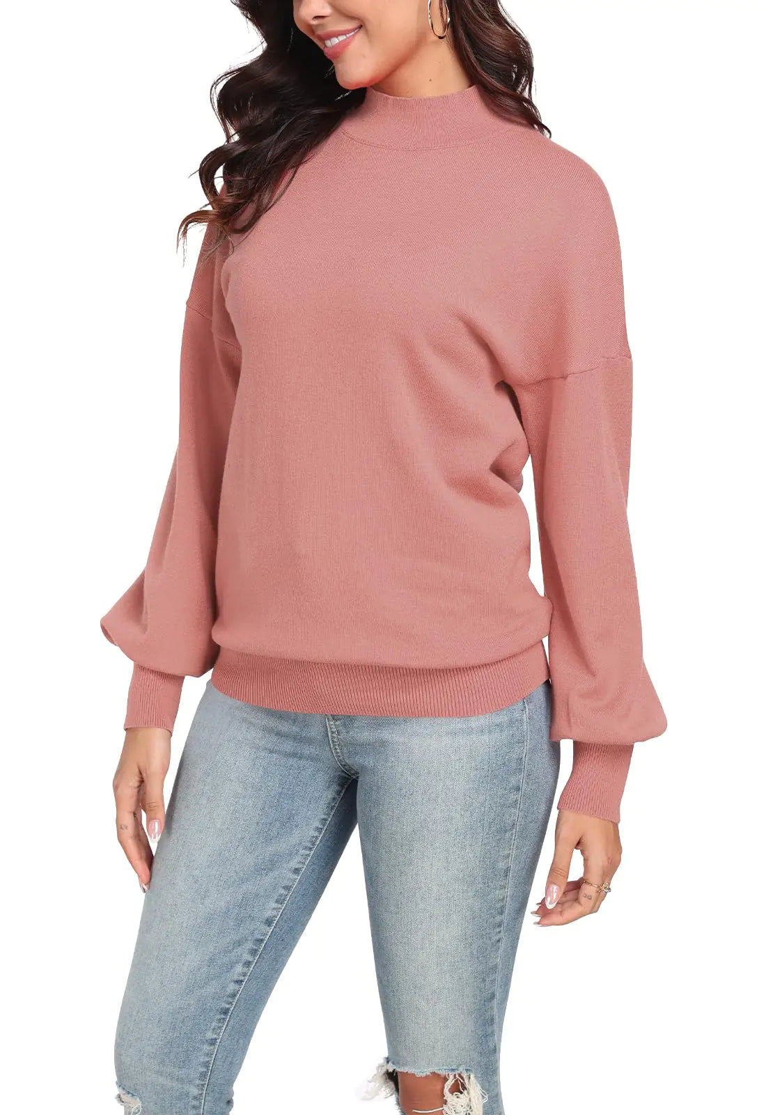 POSESHE Sudaderas Oversize para Mujer, Suéteres de Punto Casuales Elegantes de Cuello Redondo Acanalado, Color Rosa