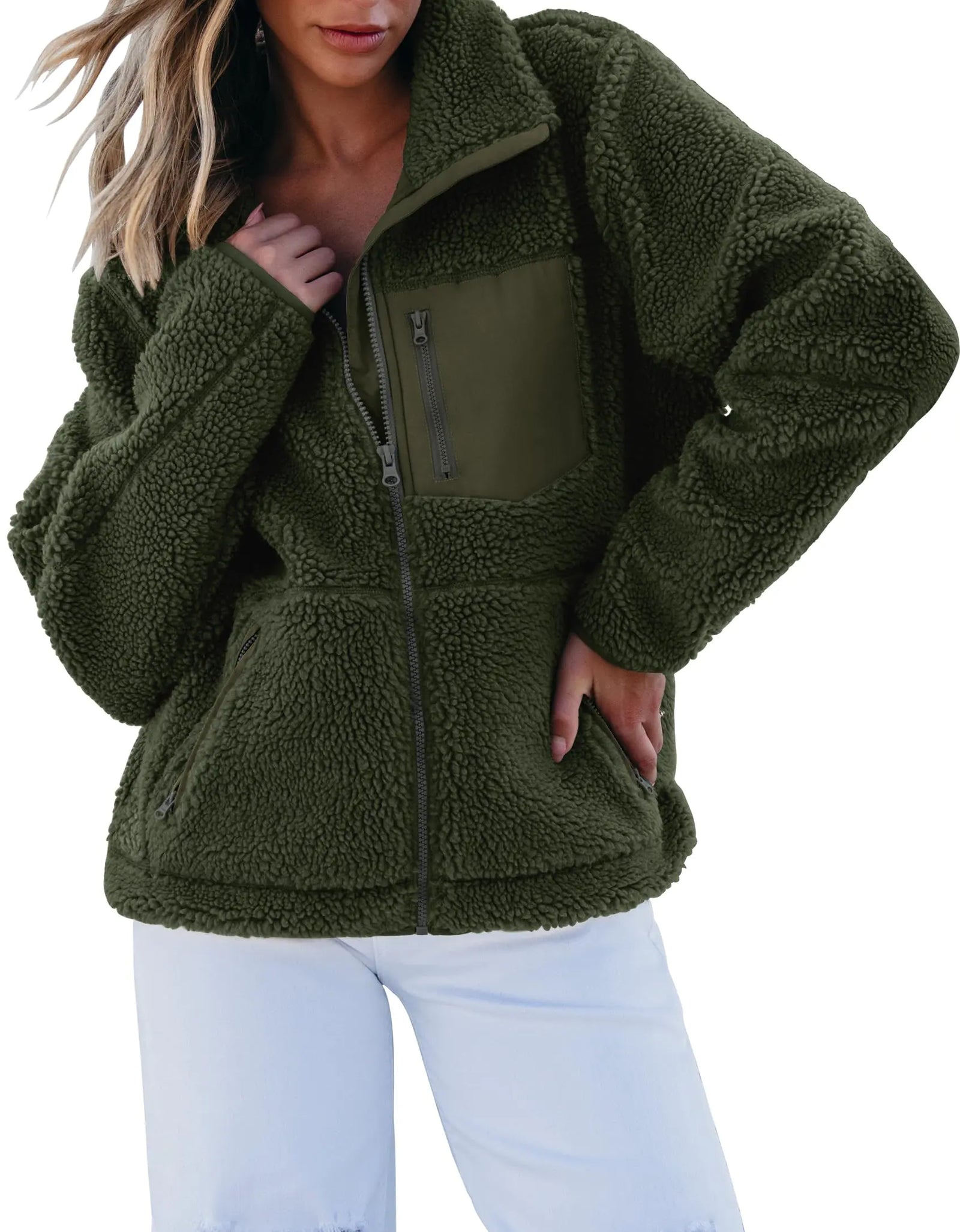 luvamia Sherpa Jacket Women Trendy Zip Up Fleece Jacket Womens Winter Coats For Women Womens Fleece Jacket Jackets For Women Casual Fuzzy Fleece Jacket Green Size X-Large Fits Size 16 Size 18