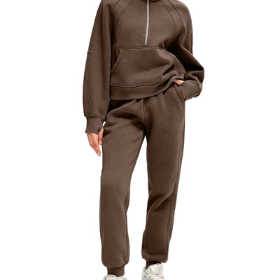 SANTINY Womens Sweatsuits 2 Piece Set Fleece Half Zip Sweatshirt Joggers Set Winter Warm Matching Sets Travel Lounge Set Dark Brown M
